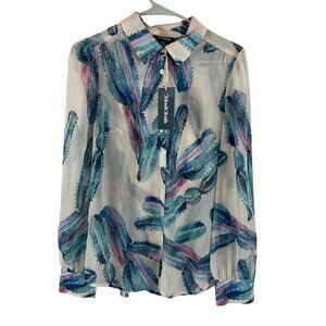 Modcloth Sheer Watercolor Collard Blouse Top Sz M Womens Long Sleeve Lightweight